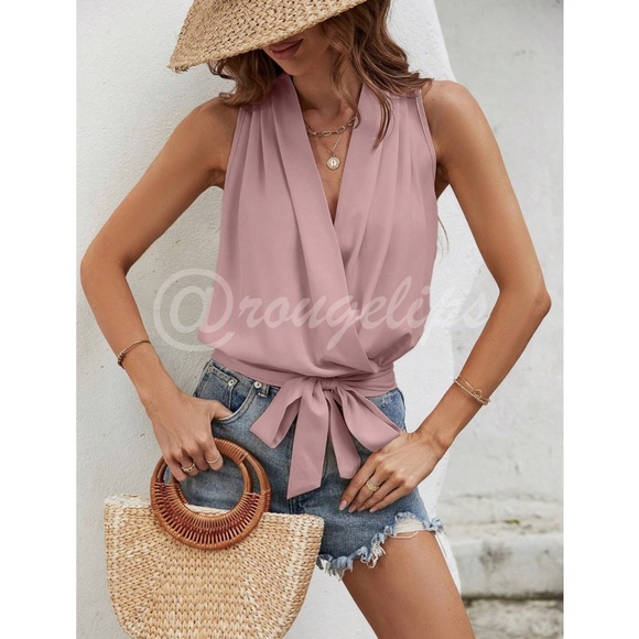 Pink V-Neck Surplice Tie Waist Top - Picture 4 of 8